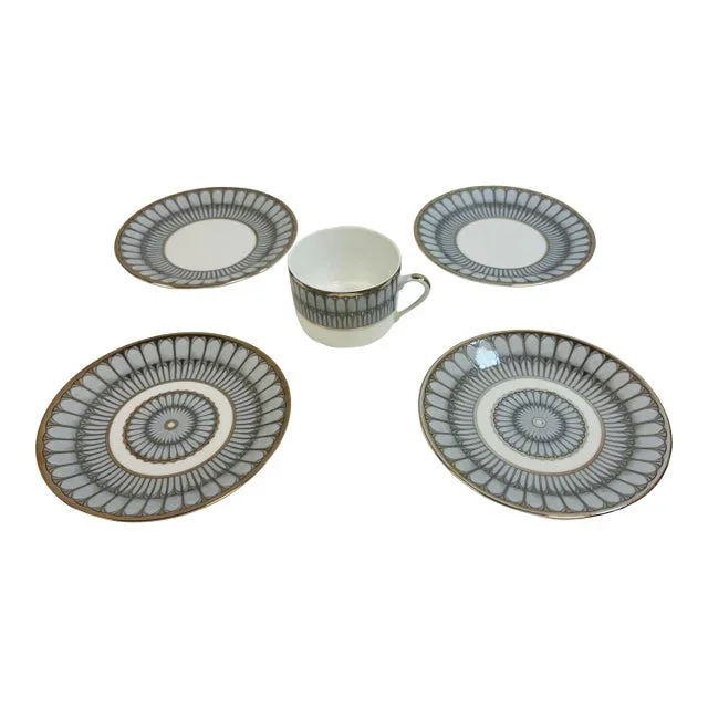 Deshouliieres Limoges Arcades Grey and Platinum 2 Bread and Butter Plates, One Cup and Two Saucers – 5 Pieces