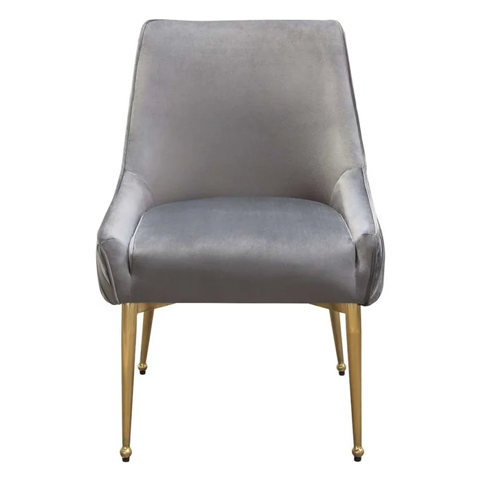 Diamond Sofa – Quinn Dining Chairs w/ Vertical Outside Pleat Detail and Contoured Arm in Grey Velvet w/ Brushed Gold Metal Leg (Set of 2) – QUINNDCGR2PK