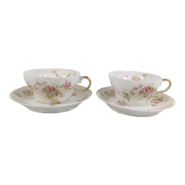 Early 1900s Theodore Haviland Tea Cups & Saucers- 4 Pieces