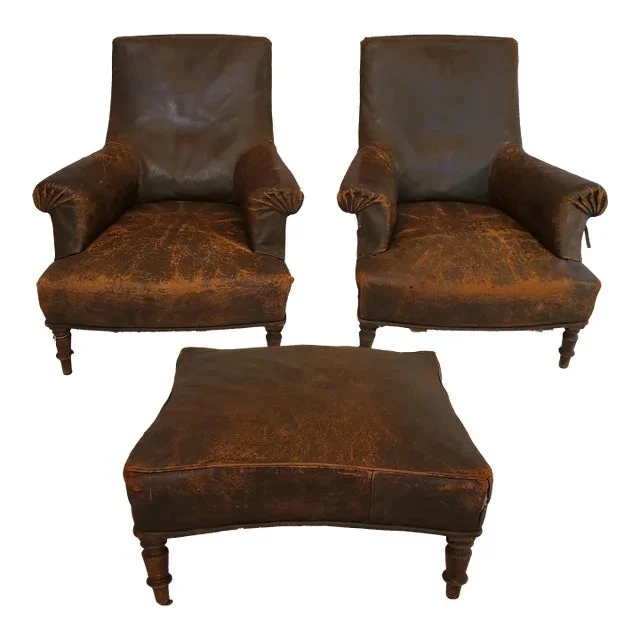 Early 20th Century 2 French Leather Club Chairs With Ottoman