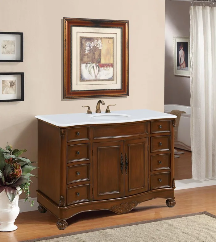 Elegant Furniture & Lighting – Windsor 48 inch Single Bathroom vanity in Teak Color with ivory white engineered marble – VF-1034-VW