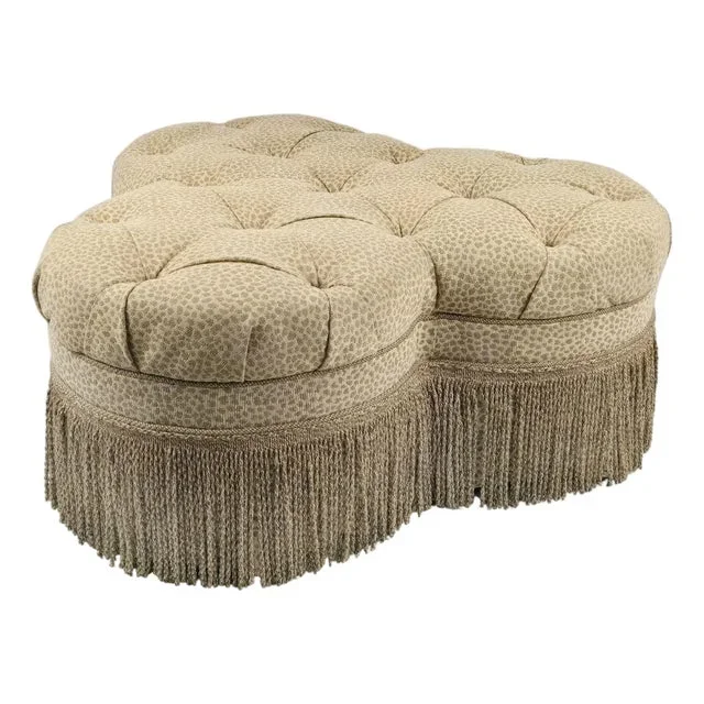 Ethan Allen Animal Print Tufted Quatrefoil Ottoman With Bullion Fringe