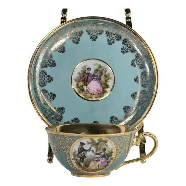 Exquisite Hutschenreuther Rococo Demi Tasse Cup & Saucer – Turquoise & 24k Gold