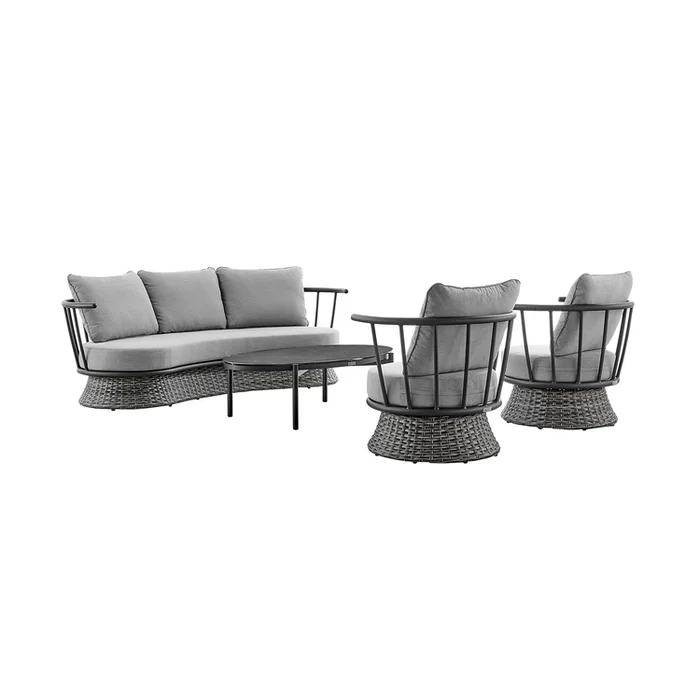 Grey Outdoor Patio Furniture Set in Black Aluminum and Grey Wicker