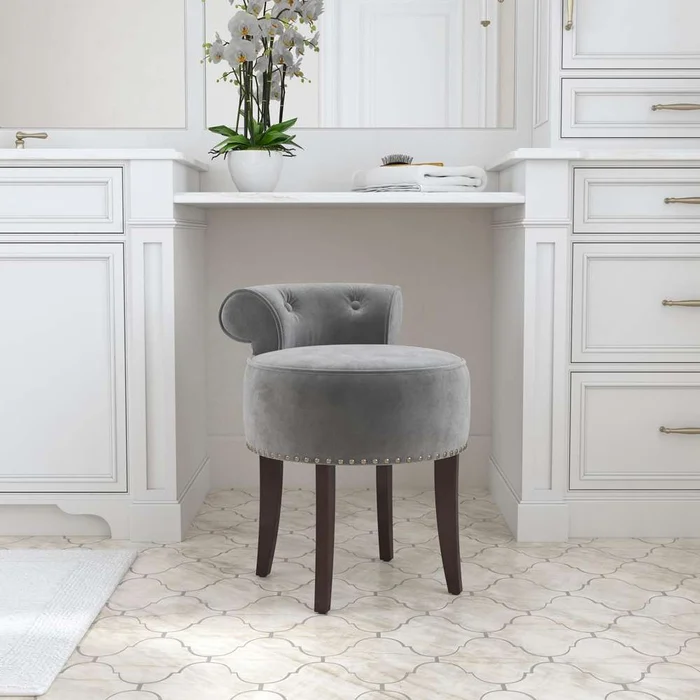Hillsdale Furniture – Lena Wood and Upholstered Vanity Stool, Espresso with Steel Gray Velvet – 51083