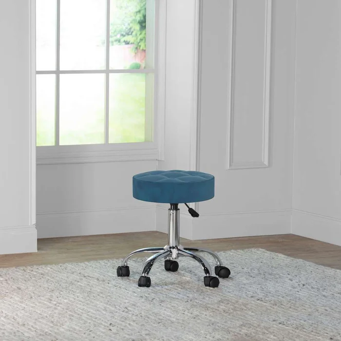 Hillsdale Furniture – Nora Metal Adjustable Backless Vanity/Office Stool, Chrome with Chrome with Blue Velvet – 51099