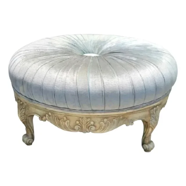 Hollywood Regency Upholstered Round Pleated Pale Icy Blue Carved Wood Base Ottoman