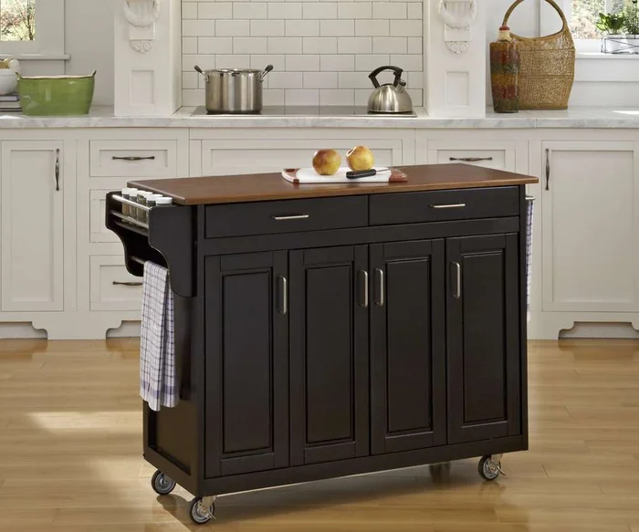 Homestyles – Create-a-Cart Black Kitchen Cart with 3 storage cabinets and oak finished wood top – 9200-1046G