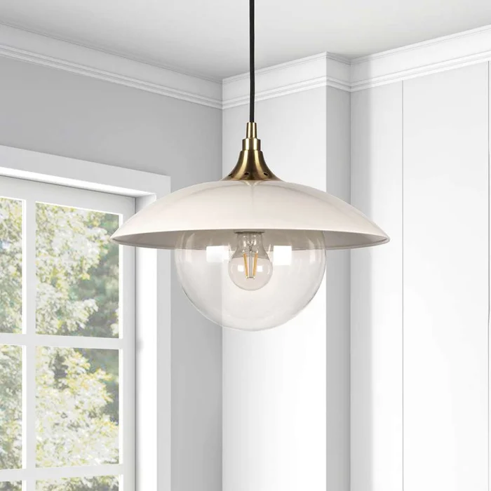 Hudson & Canal – Alvia 14.5in Wide Pendant with Metal/Glass Shade in Pearled White/Brass/Clear – PD0221