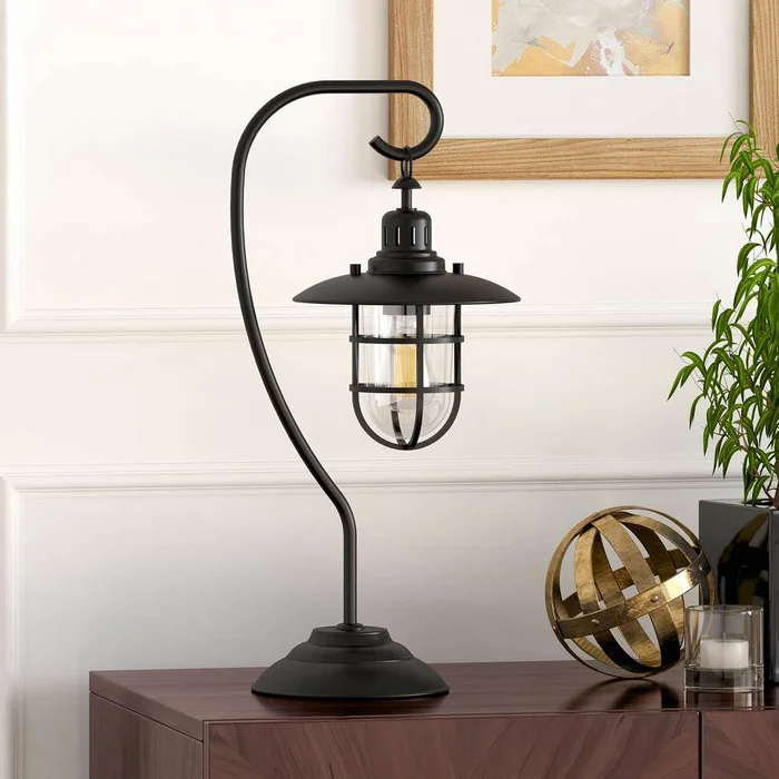 Hudson & Canal – Bay 22in Tall Nautical Table Lamp with Glass/Metal Shade in Blackened Bronze/Clear – TL0210