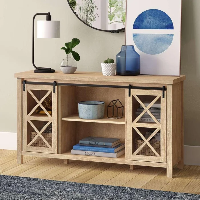 Hudson & Canal – Clementine Rectangular TV Stand for TVs up to 65in in White Oak – TV0404