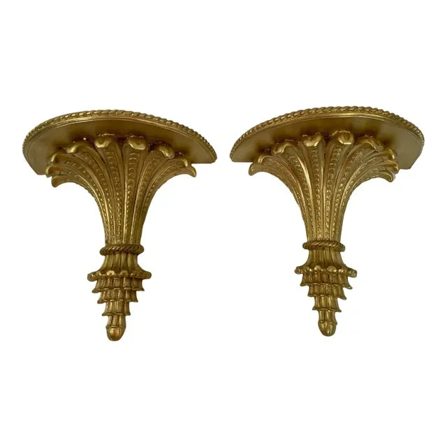 Late 20th Century Vintage Neoclassical Gilded Wall Shelf Brackets – A Pair