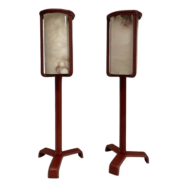 Leather and Alabaster Covered Lamps by Jacques Adnet, 1950s, Set of 2