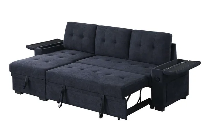 Lilola Home – Ashlyn II 84inW Dark Gray Woven Fabric Reversible Sleeper Sectional Sofa with Storage Chaise, Storage Arm, Cup Holder, Charging Ports, and Pockets – 81445