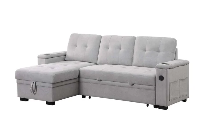 Lilola Home – Ashlyn II 84inW Gray Woven Fabric Reversible Sleeper Sectional Sofa with Storage Chaise, Storage Arm, Cup Holder, Charging Ports, and Pockets – 81446