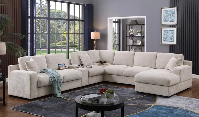 Lilola Home – Celine 141.5inW Beige Chenille Fabric Corner Sectional Sofa with Right-Facing Chaise, Cupholders, and Charging Ports-89298
