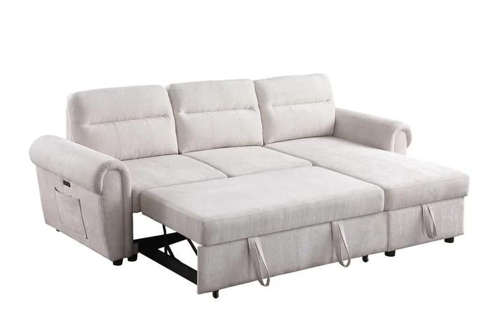 Lilola Home – Hugo 97inW Beige Chenille Reversible Sleeper Sectional Sofa Chaise with USB Charger – 89112CWH