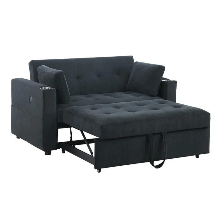Lilola Home – Luelle 57inW Black Corduroy Convertible Sleeper Loveseat with Cupholders, USB Ports, Magazine Pockets, Pillows, Tufting – 89340