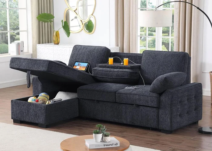 Lilola Home – Mackenzie 91inW Dark Gray Chenille Fabric Reversible Sleeper Sectional with Storage Chaise, Drop-Down Table, Cup Holders and Charging Ports in Dark Gray – A81440