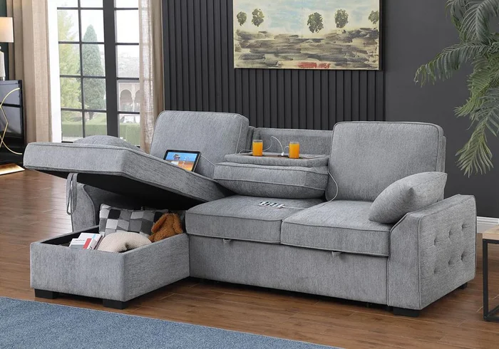 Lilola Home – Mackenzie 91inW Light Gray Chenille Fabric Reversible Sleeper Sectional with Storage Chaise, Drop-Down Table, Cup Holders and Charging Ports in Light Gray – A81441
