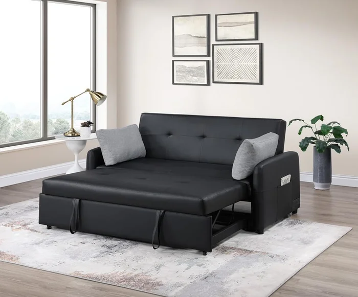 Lilola Home – Radella 69inW Black PU Leather Convertible Sleeper Loveseat with USB Ports, Power Sockets, Pockets, Pillows, Tufting – 81631