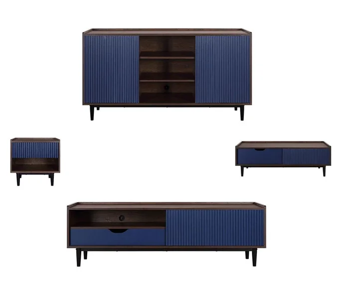 Manhattan Comfort – 4-Piece Duane Living Room with 3 Coffee Table – Full Extension, Nightstand – Full Extension, , TV Stand – Full Extension Drawers in Dark Brown and Navy Blue – 4-8911GLF-NB