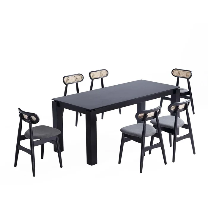 Manhattan Comfort – 7-Piece Colbert and Rockaway Woven Polycotton Dining with Dining Chair – American Ash WoodDining Table – American Solid Ash Wood Legs in Black and GreyBlack – 6-DT02DCCA02-GY