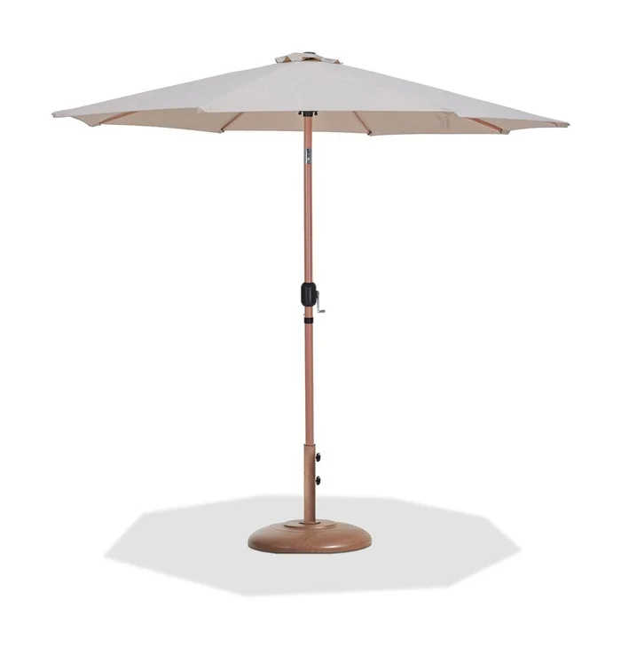 Meridian Furniture – Fiji Beige Fabric / Teak Aluminum Patio Umbrella with Base Sets – 55014Beige-BT