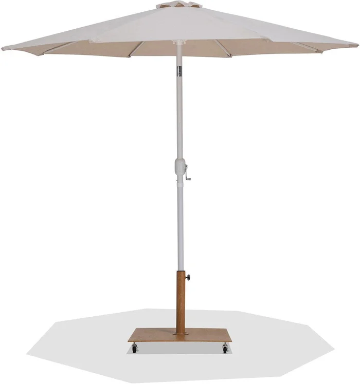 Meridian Furniture – Fiji Beige Fabric / Teak Aluminum Patio Umbrella with Base Sets – 55015Beige-AT