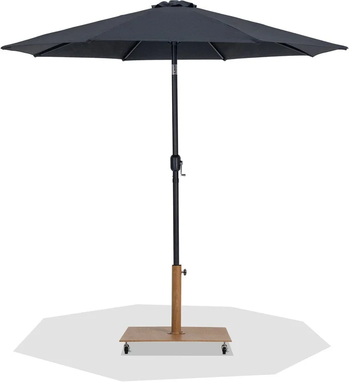 Meridian Furniture – Fiji Black Fabric / Teak Aluminum Patio Umbrella with Base Sets – 55016Black-AT