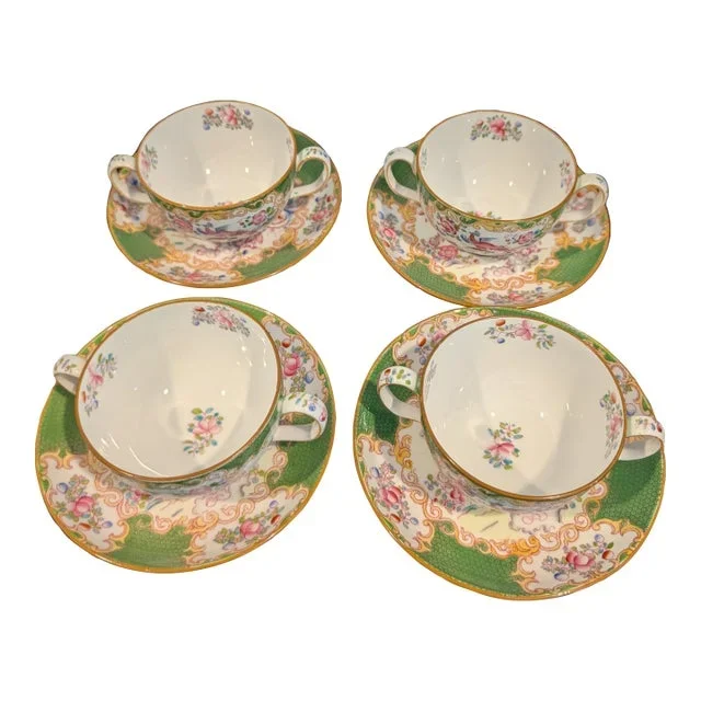Mid 20th Century Minton Green Cockatrice Bouillon & Saucer – Vintage Bone China – Set of 4