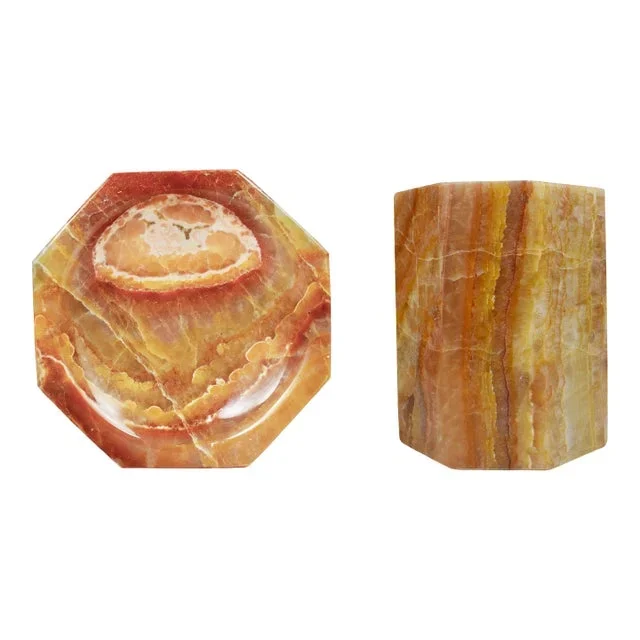 Mid 20th Century Octagon Shape Carved Solid Stone Brush Holder and Dish Soap Bathroom Accessories – 2 Pieces
