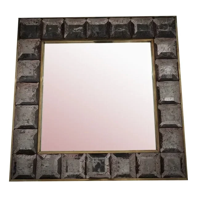 Mid-Century Italian Murano Pink Art Glass and Brass Console Wall Mirror