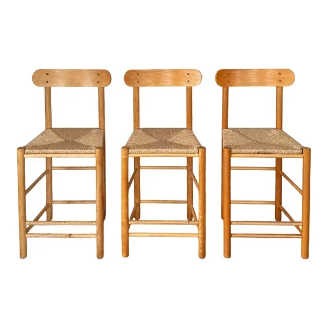 Mid Century Modern Counter Stools With Rush Seats Attributed to Borge Mogensen, Set of 3