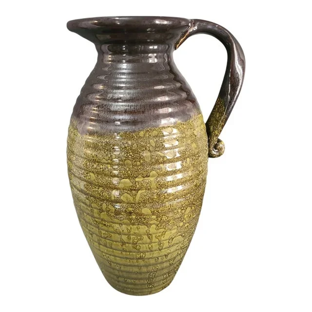 Mid-Century Modern Glazed Ribbed Pottery Floor Table Garden Vase Jug Pitcher