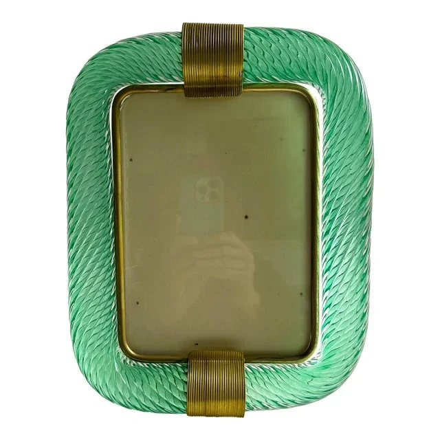 Mid-Century Modern Style Green “Torchon” Murano Glass Picture Frame and Brass in Barovier Style