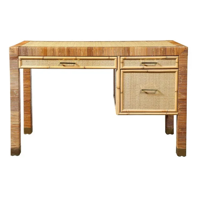 Mid-Century Modernist Rattan & Bamboo Wrapped Desk Signed Bielecky Brothers