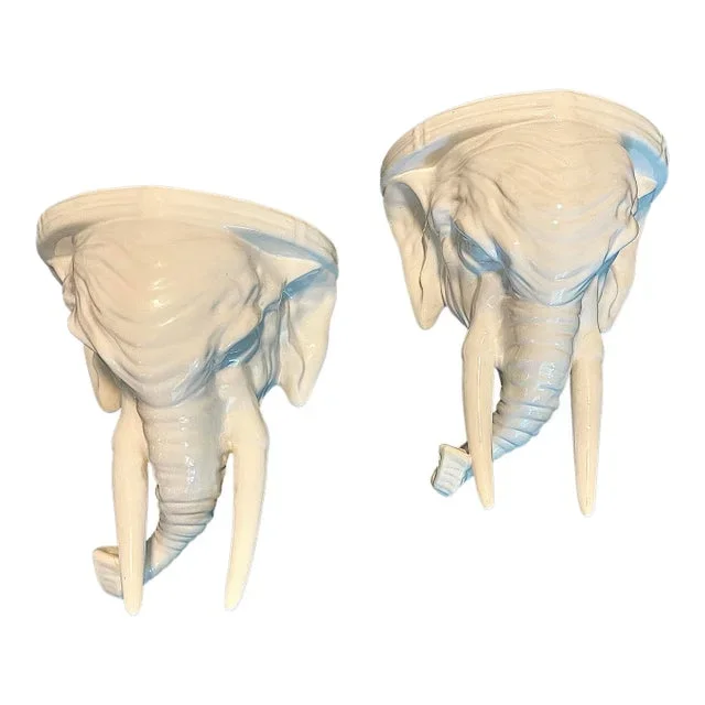 Mid-Century White Glaze Elephant Head Wall Brackets- A Pair