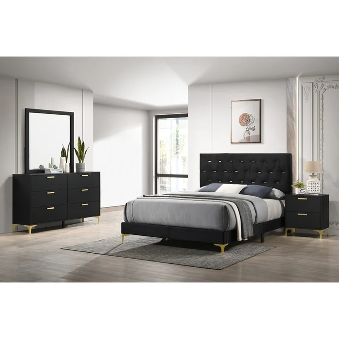 Modern Glam Bedroom Set California King Size Black Upholstered Bed – Coaster
