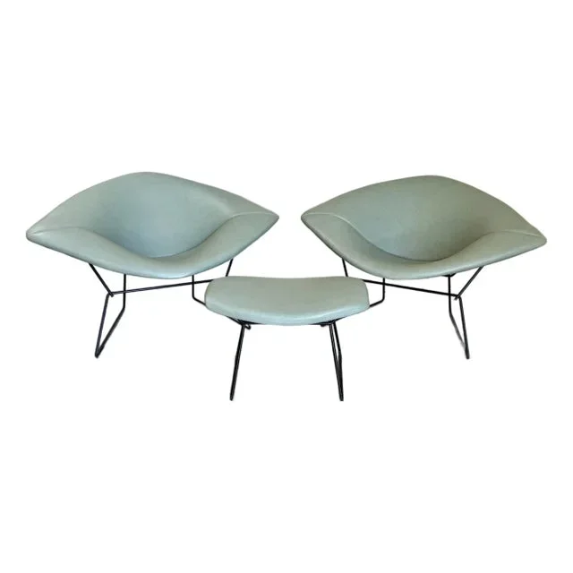 Newly Upholstered Leather Large Diamond Chairs and Ottoman by Harry Bertoia – A Set