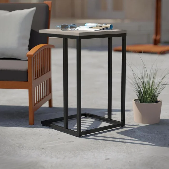 Outdoor Transitional Style Cement Top Metal Base Side Table for Patio