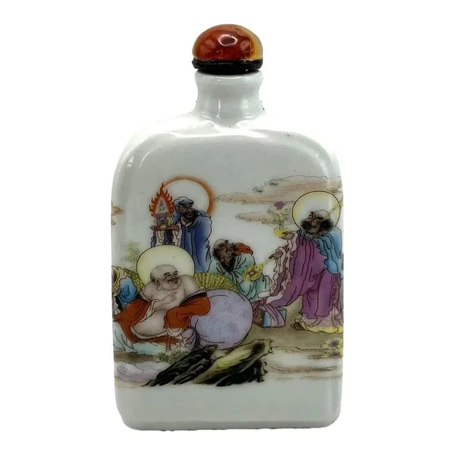 Painted Porcelain SNuff Bottle With Lohans