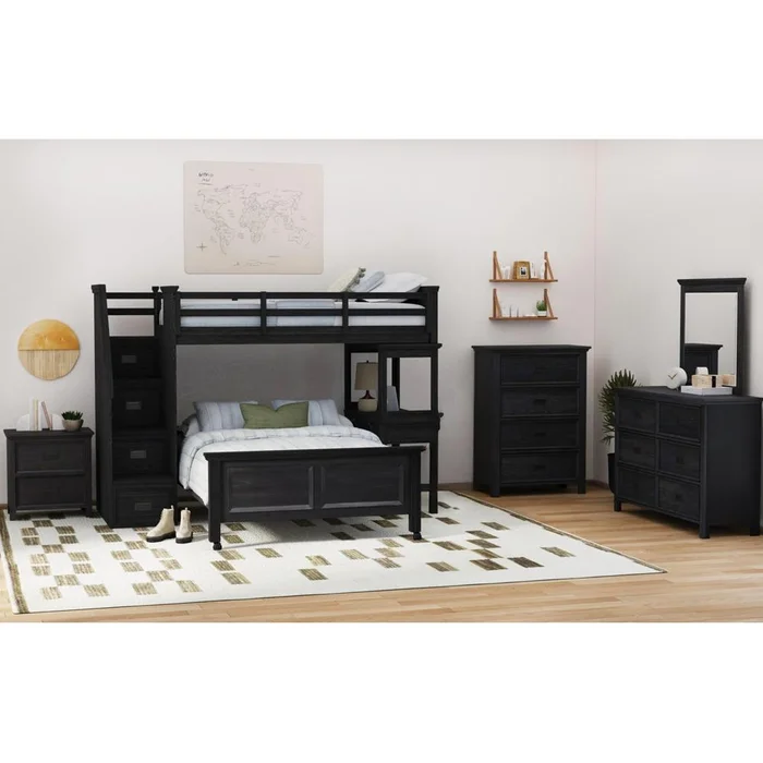 Picket House Furnishings – Brooklyn Kids Twin Over Full Loft with Staircase and Desk with Speaker 5PC Bedroom Set in Charcoal – Y-15760-8-L4-5PC