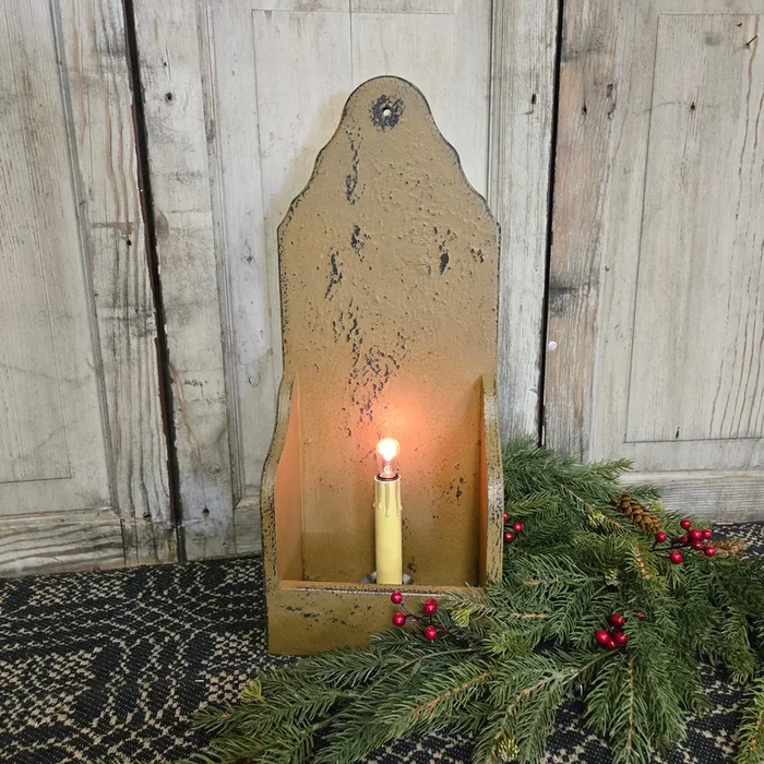 Primitive Electric Wooden Candle Holder Mustard