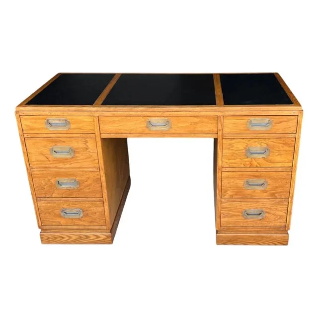 Restored Mid-Century Campaign Desk in Solid Oak With Black Inlay & Brass Pulls
