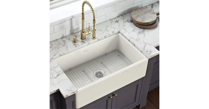 Ruvati Fiamma 33″ Farmhouse Single Basin Fireclay Kitchen Sink with Basin Rack and Basket Strainer