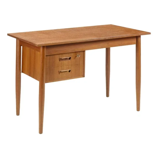 Scandinavian Desk with Sliding Mobile Drawer Block and Small Armchair, Denmark, 1970s, Set of 2