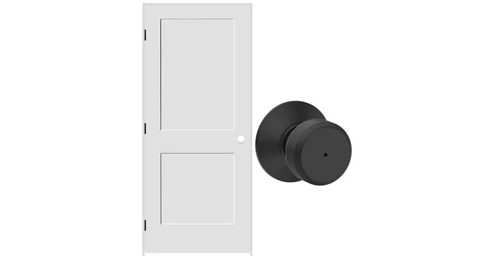 Schlage 28″ W x 80″ H Double Panel Left Handed Interior Prehung Door with 4-9/16″ Door Jamb and Bowery Privacy Door Knob Set