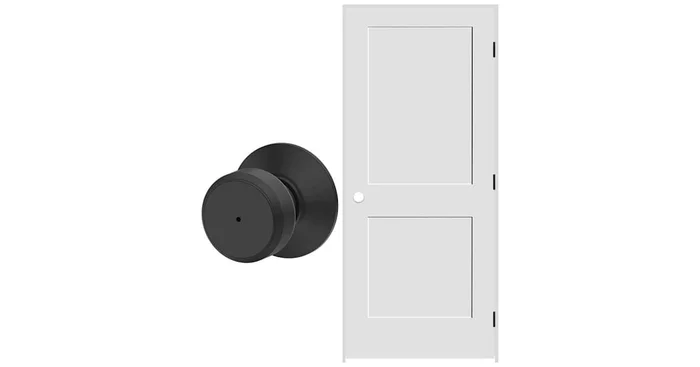Schlage 28″ W x 80″ H Double Panel Right Handed Interior Prehung Door with 4-9/16″ Door Jamb and Bowery Privacy Door Knob Set