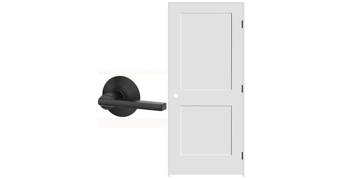 Schlage 28″ W x 80″ H Double Panel Right Handed Interior Prehung Door with 4-9/16″ Door Jamb and Latitude Passage Door Lever Set